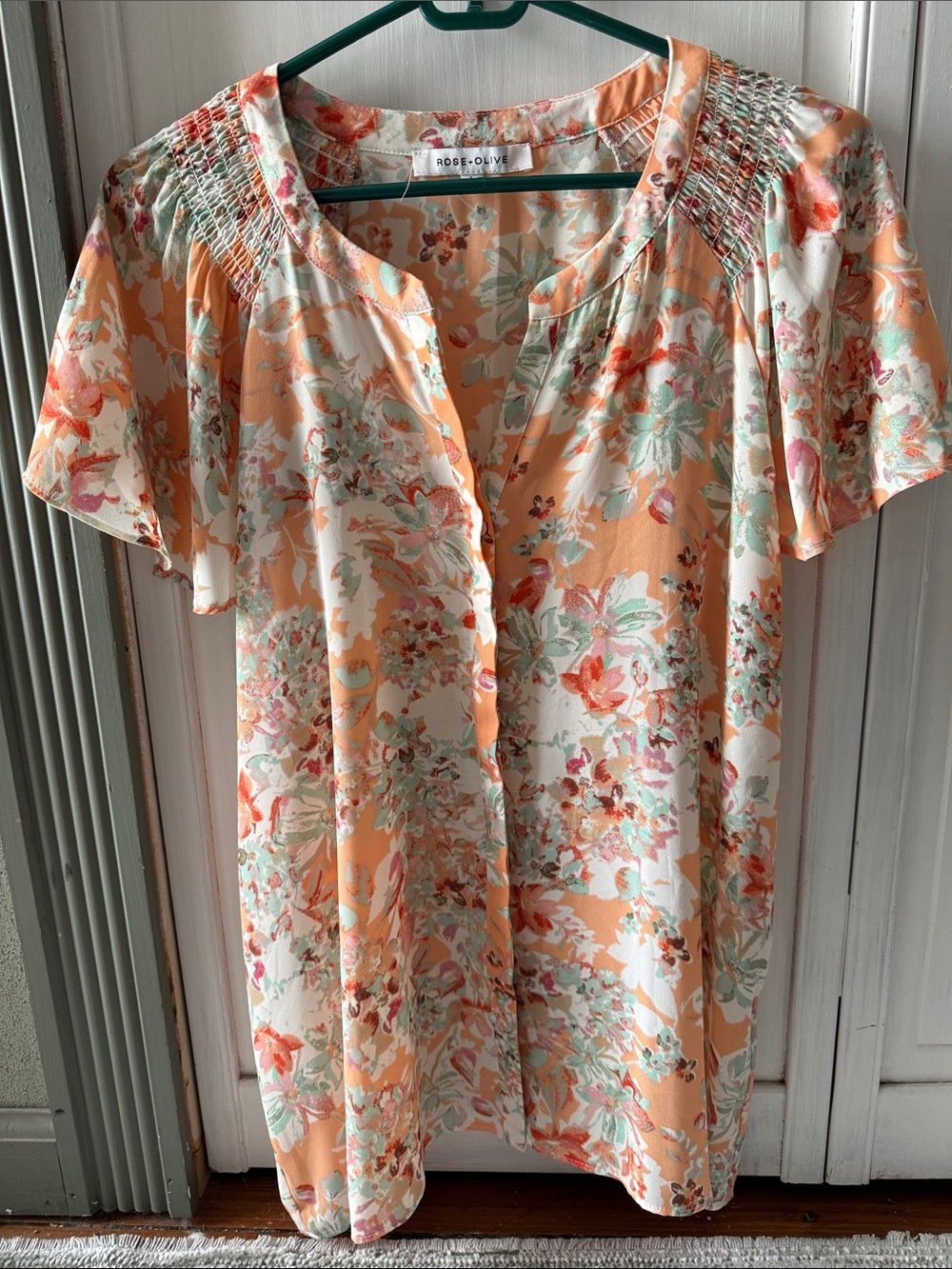 Rose & Olive Peach and Mint Floral Button-Front Blouse